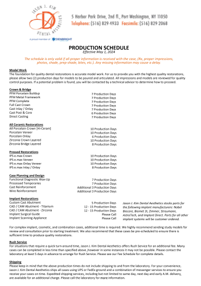 Dental Aesthetics Production Scheul